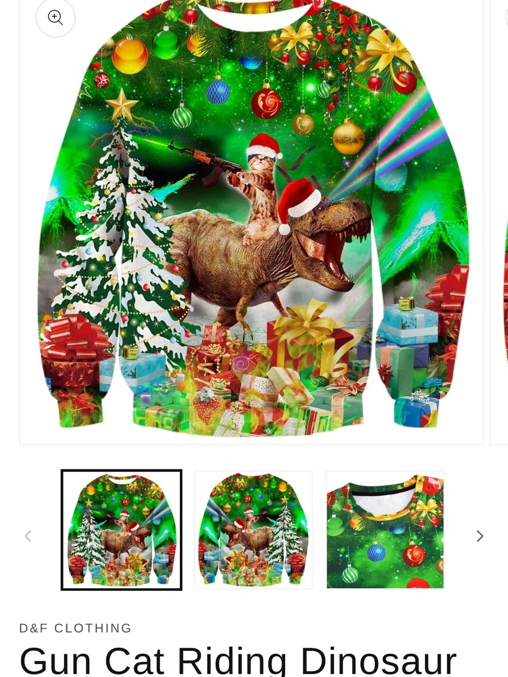 Gun Cat Riding Dinosaur Green Ugly Christmas Sweater